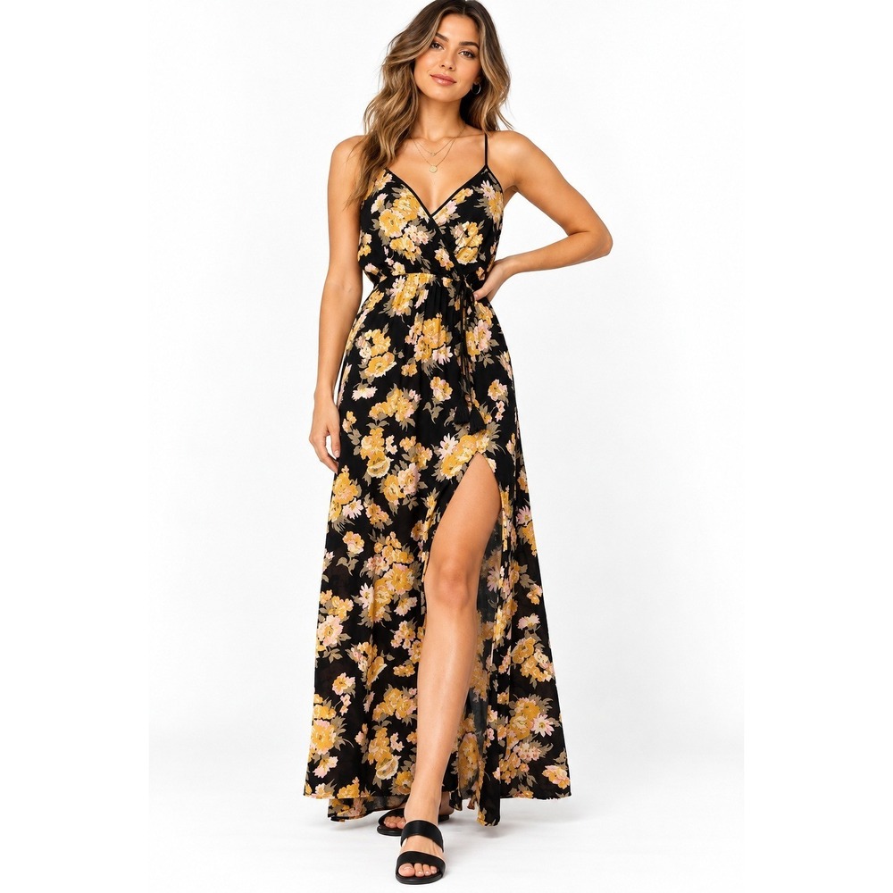 Band of Gypsies BOG Collective Floral Maxi Dress Black Yellow Pink Boho Small